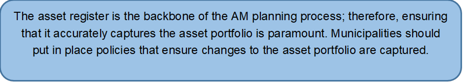 The asset register is the backbone of the AM planning process; therefore, ensuring that it accurately captures the asset portfolio is paramount. Municipalities should put in place policies that ensure changes to the asset portfolio are captured.